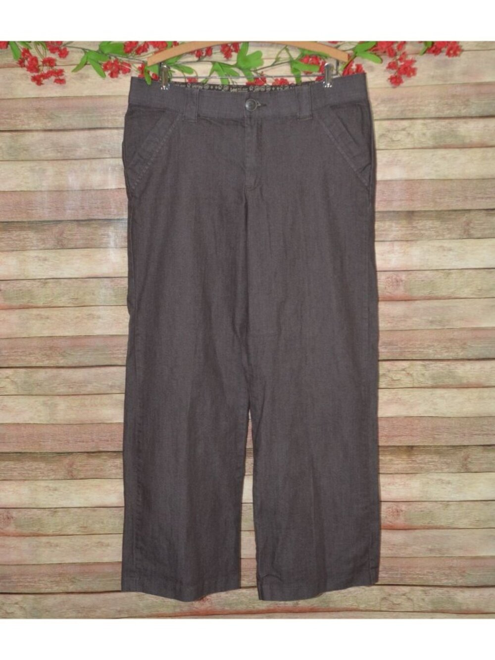 Lee No Gap Waistband Pants Womens 16 M Brown Straight Leg Stretch Cotton Trouser
